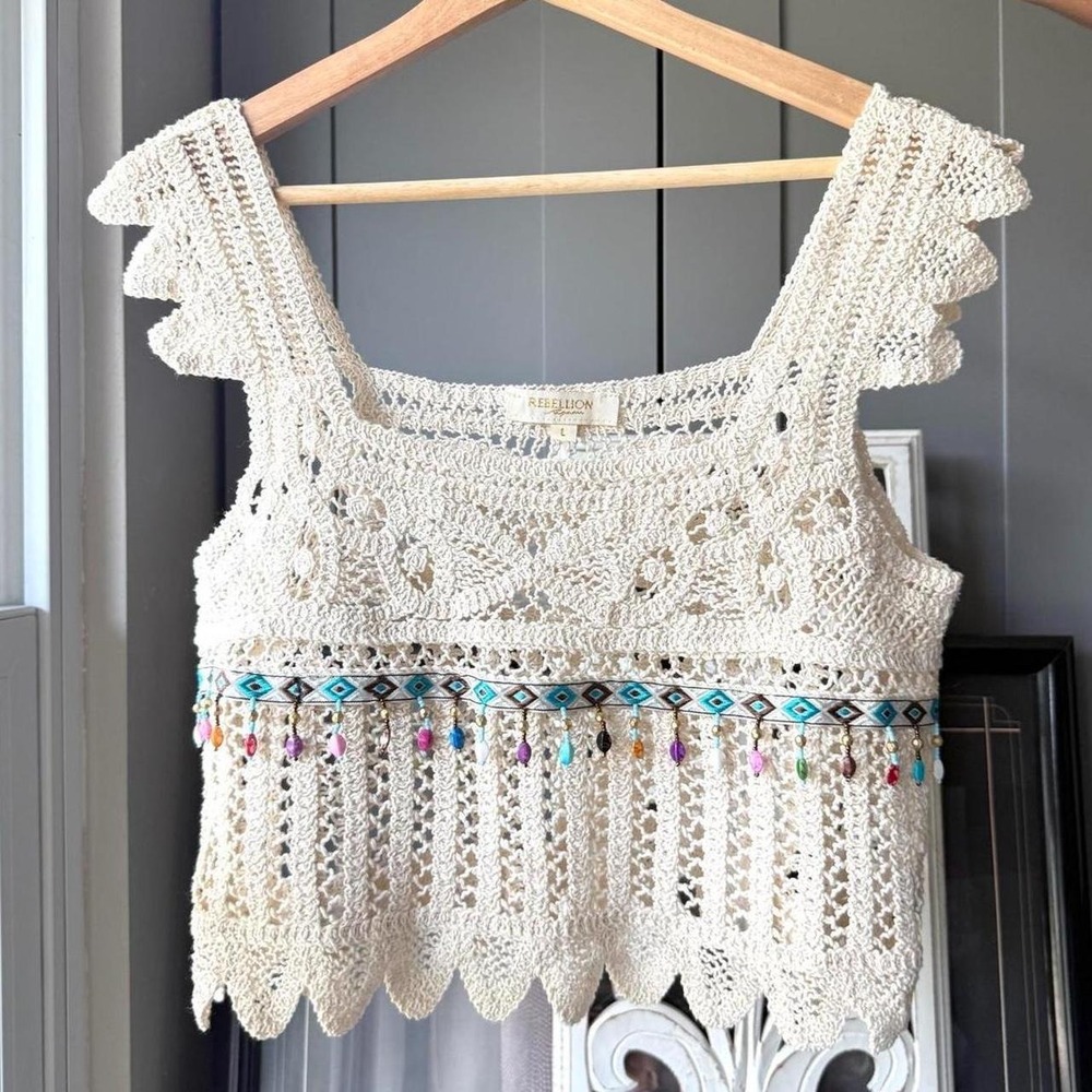 Dreamy Women's Large, Crochet Tank Top Beaded Boho Festival